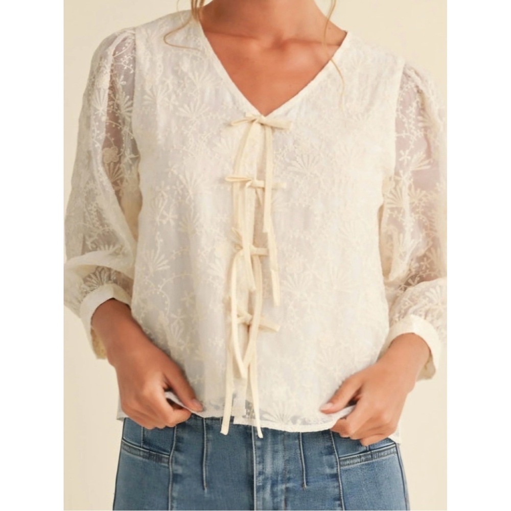 Boho Bow Tie Textured Lace Top (Ivory) Jodifl Large NWT